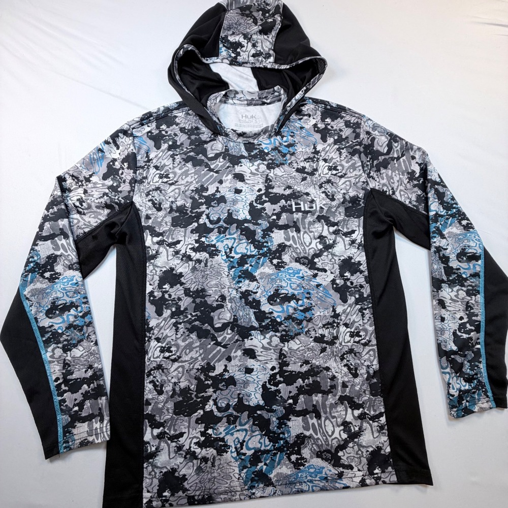 Huk Performance Fishing Hoodie Mens Small Gray Camo Hooded UPF Long Sleeve Shirt